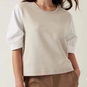 Athleta Cream and Tan Puff Sleeve Boxy Tee Size L